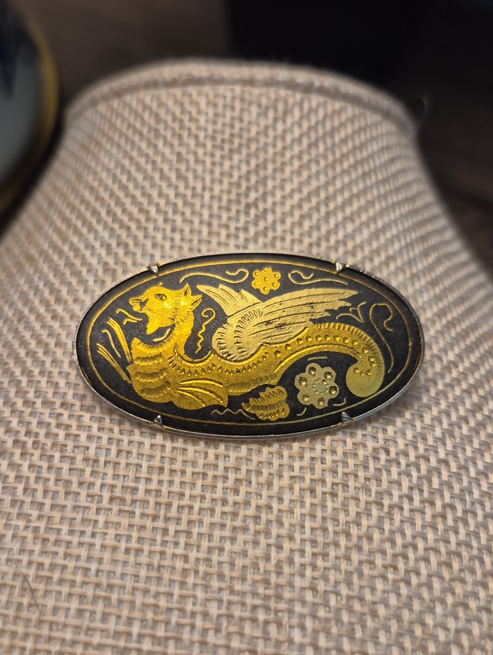 Damascene Vintage Gold Dragon Oval Reptile Brooch